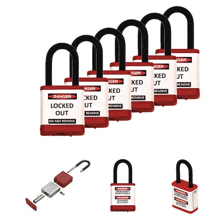 Zing Lockout Padlock, Keyed Alike, Aluminum, Red, 1 1/2 in Shackle Height, 1 1/2 in Body Width, 6 PK 700KA6-RED
