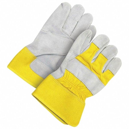Bdg Leather Gloves, Cowhide, Safety Cuff, Wing Thumb, Full Finger, Gray/Yellow, L, 1 PR 30-1-1008Y