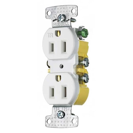 Hubbell Wiring Device-Kellems Straight Blade Receptacle, 5-15R, 15 A, 125V AC, 2 Pole, 3 Wire, Flush Mount, Self-Grounded RR15SWTR
