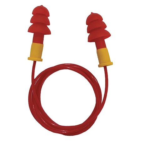 CONDOR Reusable Corded Ear Plugs, Flanged Shape, NRR 27 dB, Red/Yellow, 100 Pairs 55NL99