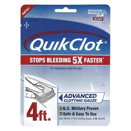 Quikclot Gauze Pad, White, 4-1/2" L, 1/2" W, Sterile, Standards: FDA 5020-0026