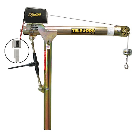 Tele-Pro Davit Crane, 500 lb Capacity, 23 in to 66 in Reach, 0 in to 1080 in Lift Range, Yellow OZTP500DAV-DCW