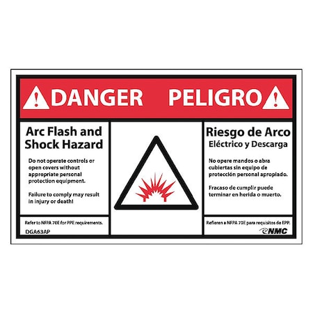Nmc Danger Arc Flash And Shock Hazard Label, Pk5, DGA63AP DGA63AP