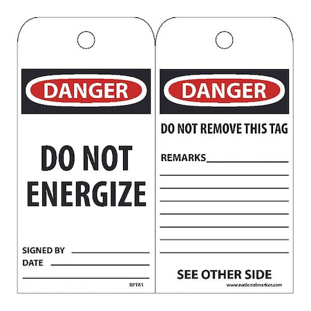 Nmc Danger Do Not Energize Tag, Pk25 RPT61