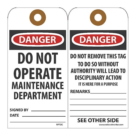 Nmc Danger Do Not Operate Maintenance Department Tag_, Pk25 RPT2CG