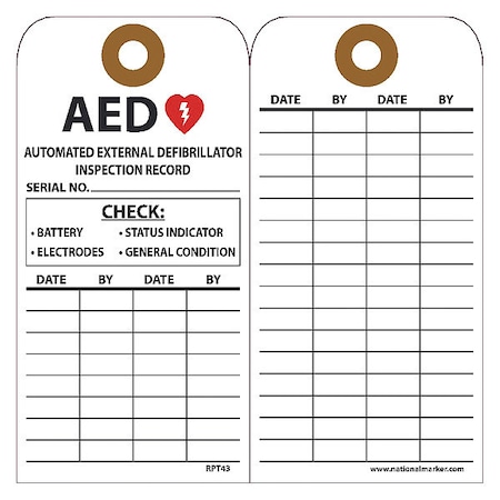 Nmc AED Automated External Defibrillator Inspection Record Tag, Pk25 RPT43G