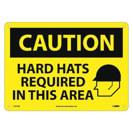 Nmc Caution Hard Hats Required In This Area, 10 in Height, 14 in Width, Aluminum C507AB