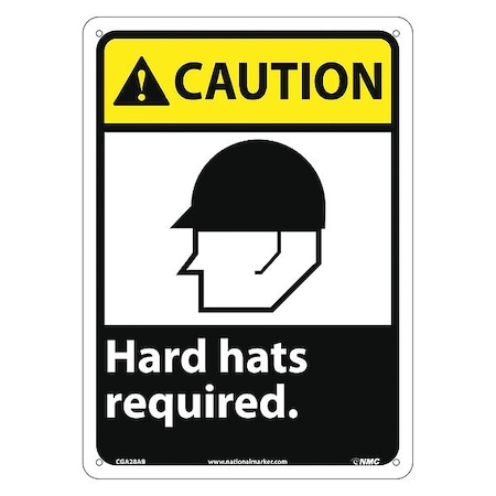 Nmc Caution Hard Hats Required Sign, 14 in Height, 10 in Width, Aluminum CGA28AB