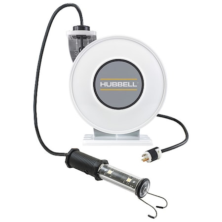 Hubbell Wiring Device-Kellems Cord Reel With Hand Lamp, Spring Retracted, No Receptacle, 16 AWG, White Reel Color, 45 ft Length HBLI45163LED
