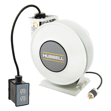 Hubbell Wiring Device-Kellems Cord Reel With Hand Lamp, Spring Retracted, NEMA 5-15R, 14 AWG, White Reel Color, 45 ft Length HBLI45143R215M1
