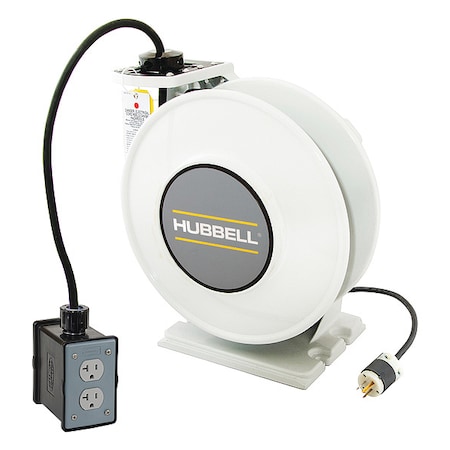 HUBBELL WIRING DEVICE-KELLEMS White Industrial Reel with Black Portable Outlet Box and (2) 20A Duplex Receptacles, UL Type 1, 45 Ft, #12/3 SJO, 20 A, 125 VAC HBLI45123R220M1