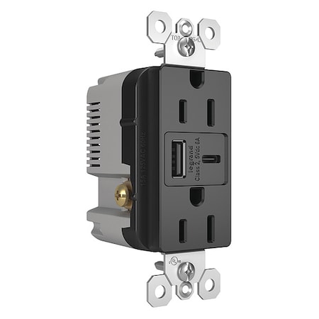 LEGRAND USB Charger Recept, 15 A, Black, Type A/C R26USBACBK