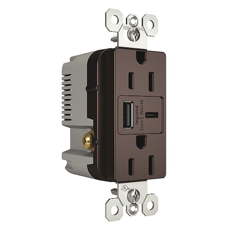 Legrand USB Charger Recept, 15 A, Drk Brz, Type A/C R26USBACDBCCV4