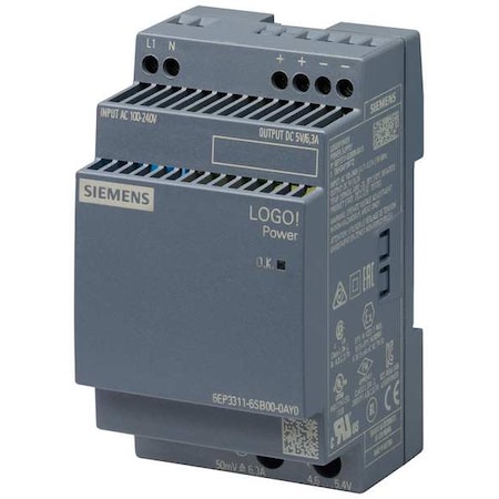 Siemens Stabilized Power Supply, 100/240V AC, 5V DC, 31.5 W, 6.3 A, DIN Rail 6EP33116SB000AY0