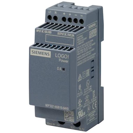 Siemens Stabilized Power Supply, 100/240V AC, 15V DC, 28.5 W, 1.9 A, DIN Rail 6EP33216SB100AY0