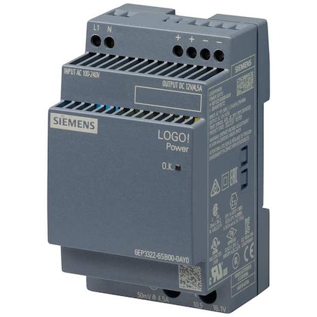 Siemens Stabilized Power Supply, 100/240V AC, 12V DC, 54 W, 4.5 A, DIN Rail 6EP33226SB000AY0