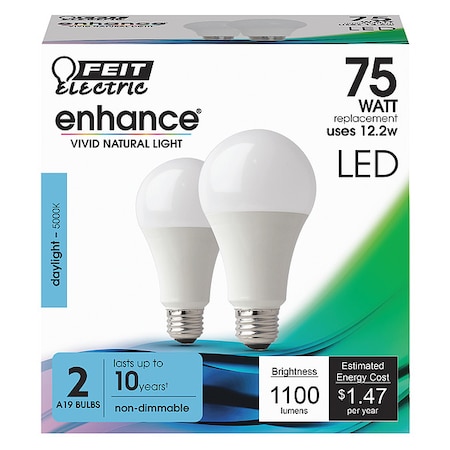 Feit Electric LED, 12.2 W, A19, Medium Screw (E26), PK2 OM75/950CA10K/2