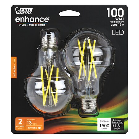 Feit Electric LED, 15 W, A21, Medium Screw (E26), PK2 BPA19100CL927CAFI2RP