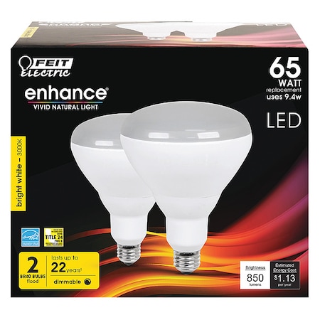 Feit Electric LED, 9.4 W, BR40, Medium Screw (E26), PK2 BR40DM/930CA/2