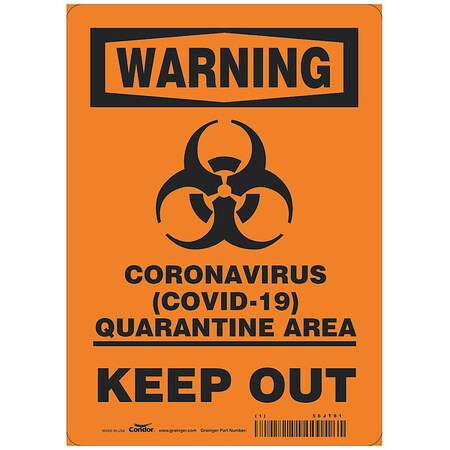 Zoro Select Coronavirus Quarantine Area Sign, 10" W x 14" H, English, Polystyrene, Black, Orange HWW308P1410