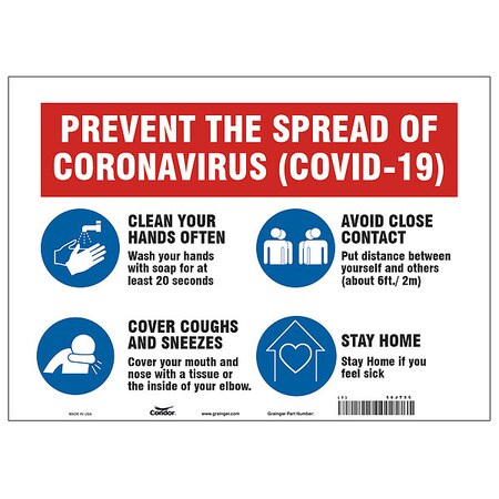 Zoro Select Prevent The Spread Of Coronavirus Sign, 14" W x 10" H, English, Polyester, Red, White HWB716T1014