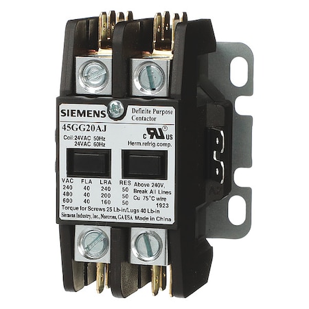 Siemens Definite Purpose Magnetic Contactor, 440V-480V AC, 2 P, Non-Reversing, 1 Phase, Screw 45GG20AH