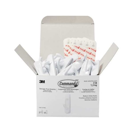 Command Hook, White, Plastic, 1 in D, PK37 17001-S37NA