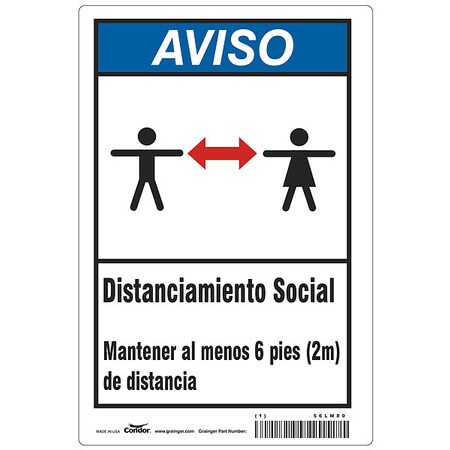 Zoro Select Covid 19 Sign 10X14, Spanish Notice Soci, 10 in Height, 14 in Width, Aluminum, Spanish HWN830A1410