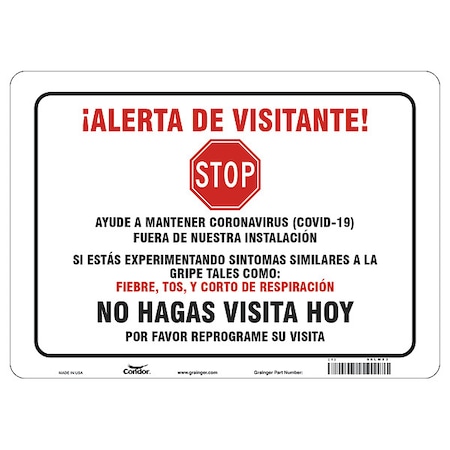 Zoro Select Covid 19 Sign 10X14, Spanish Visitor Ale, 10 in Height, 14 in Width, Polystyrene, Spanish HWB734P1014