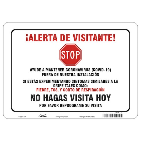 Zoro Select Covid 19 Sign 10X14, Spanish Visitor Ale, 10 in Height, 14 in Width, Aluminum, Spanish HWB734A1014