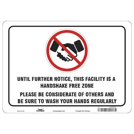 Zoro Select Handshake Free Zone Sign, 14" W x 10" H, English, Polystyrene, White HWB736P1014