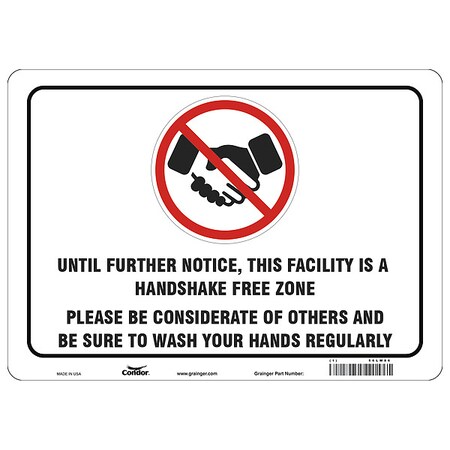 Zoro Select Handshake Free Zone Sign, 14" W x 10" H, English, Aluminum, White HWB736A1014