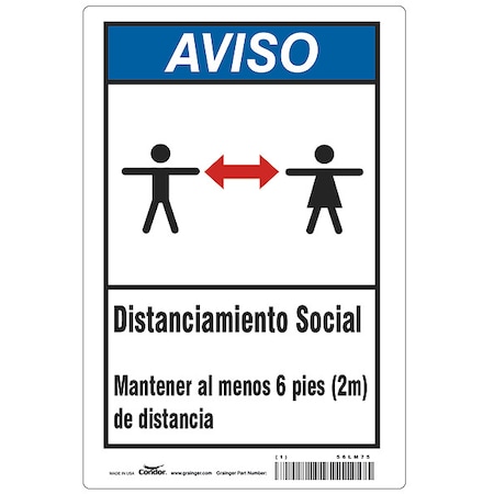 Zoro Select Covid 19 Sign 7X10, Spanish Notice Socia, 7 in Height, 10 in Width, Polystyrene, Spanish HWN830P1007