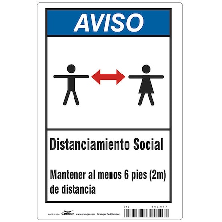 Zoro Select Covid 19 Sign 7X10, Spanish Notice Socia, 7 in Height, 10 in Width, Polyester, Spanish HWN830T1007