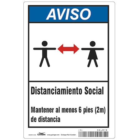 Zoro Select Covid 19 Sign 10X14, Spanish Notice Soci, 10 in Height, 14 in Width, Polyester, Spanish HWN830T1410