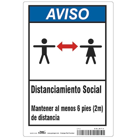 Zoro Select Covid 19 Sign 7X10, Spanish Notice Socia, 7 in Height, 10 in Width, Aluminum, Spanish HWN830A1007