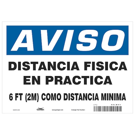 Zoro Select Covid 19 Sign 7X10, Spanish Notice Physi, 7 in Height, 10 in Width, Polyester, Spanish HWN824T0710