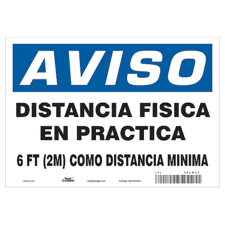 Zoro Select Covid 19 Sign 7X10, Spanish Notice Physi, 7 in Height, 10 in Width, Aluminum, Spanish HWN824A0710