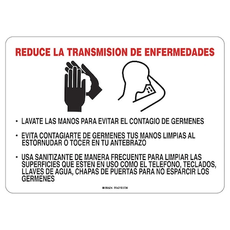 Brady Covid 19 Sign 10X14 Spanish Reduce Disea, 10 in Height, 14 in Width, Aluminum, Spanish 170276