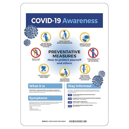 Brady COVID-19 Awareness Sign, 10" W x 14" H, English, Polystyrene, Blue, White 170280