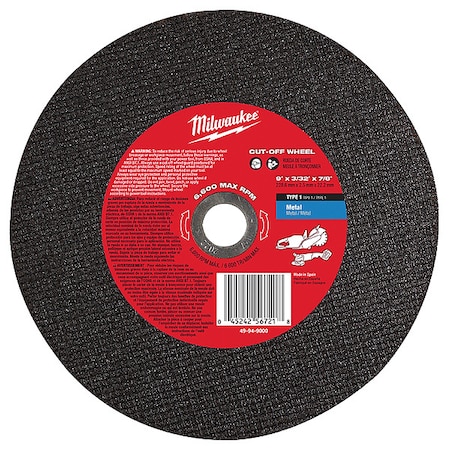 Milwaukee Tool Abrasive Cut-Off Wheel, Type 1, 9 in Dia, 0.093 in Thick, 7/8 in Arbor Hole Size, Aluminum Oxide 49-94-9000