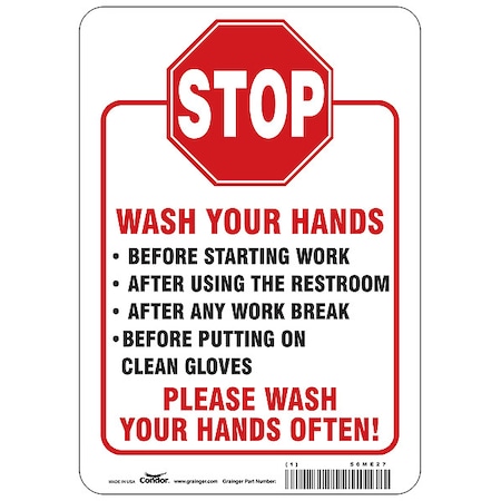 Condor Hygiene Sign, 10 in H, 7 in W, Vinyl, English, HWB756T1007 HWB756T1007