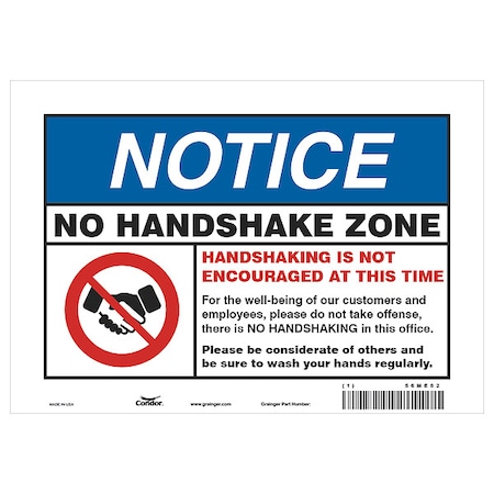 Zoro Select Hygiene Sign, 10" W x 7" H, English, Vinyl, White HWN834T0710