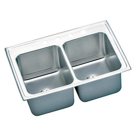 Elkay Sink, Drop-In Mount, 3 Hole, Left Bowl 13.5" x 16", Right Bowl 13.5" x 16", Lustrous Satin DLR332210PD3