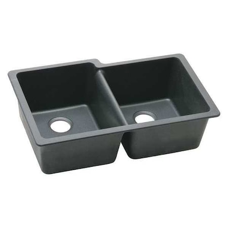 Elkay Sink, Undermount Mount, 0 Hole, Left Bowl 14.155" x 18.161", Right Bowl 14.355" x 16.161", Black ELGU250RBK0