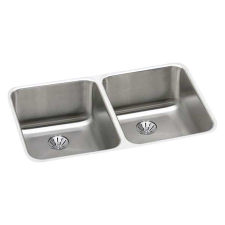 Elkay Sink, Undermount Mount, 0 Hole, Left Bowl 13.5" x 16", Right Bowl 13.5" x 16", Lustrous Satin ELUH311810PD