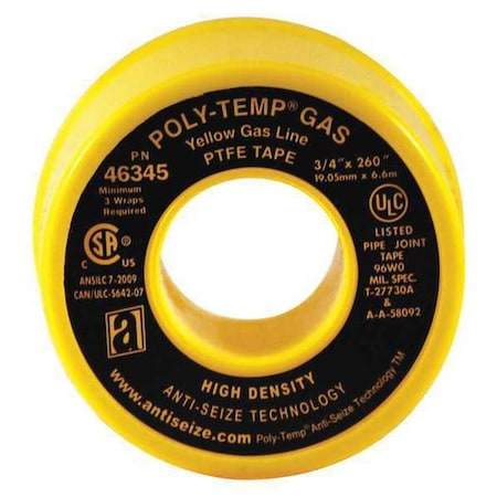 Anti-Seize Technology Yellow Gas Line PTFE Tape, 3/4"X 26" 46345