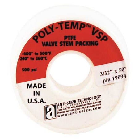 Anti-Seize Technology PTFE Valve Stem Packing, 3/32" X 50ft. 19094