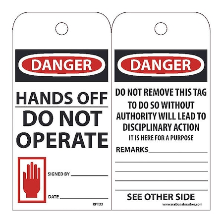 Nmc Danger Hands Off Do Not Operate Tag, Pk25 RPT33
