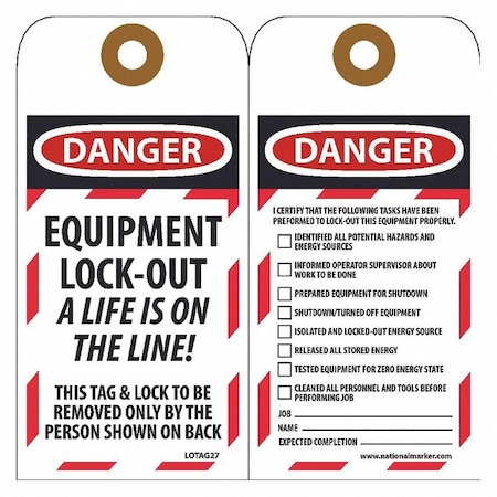 Nmc Danger Equipment Lock-Out A Life Is On The Line Tag, Pk10 LOTAG27